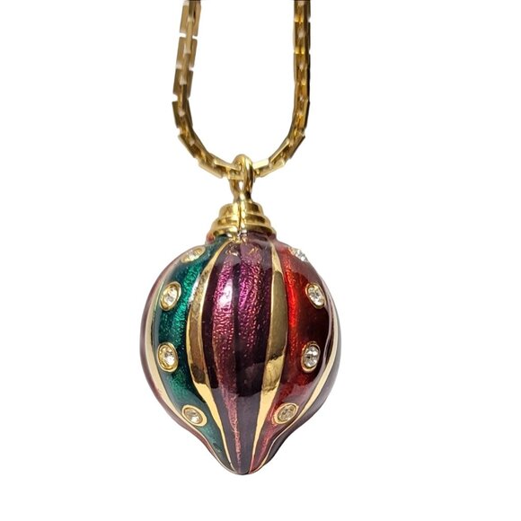 Gold Tone Red Purple Green Enamel Clear Rhinestone Orb Ornament Pendant Necklace - Picture 2 of 6